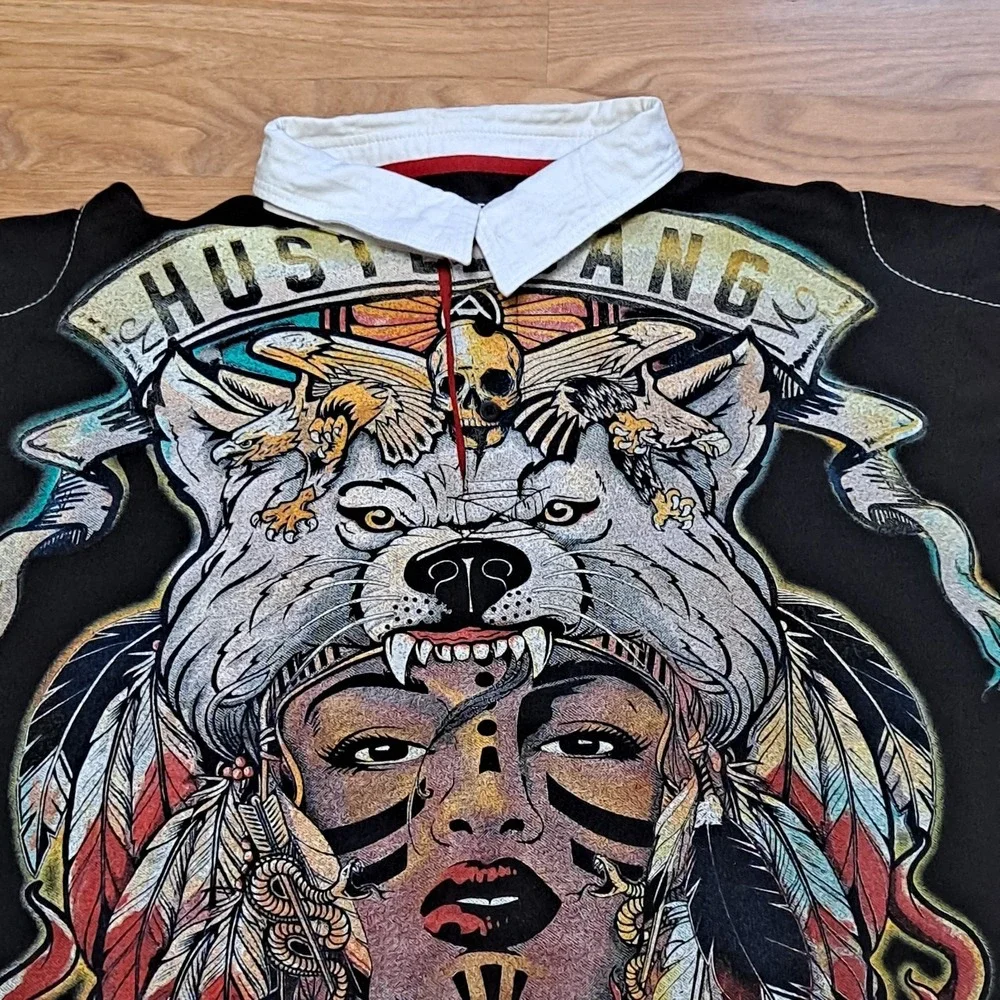 Hustle Gang Men's Graphic Polo Shirt Size 4XL Wolf/Native American - Picture 3 of 7